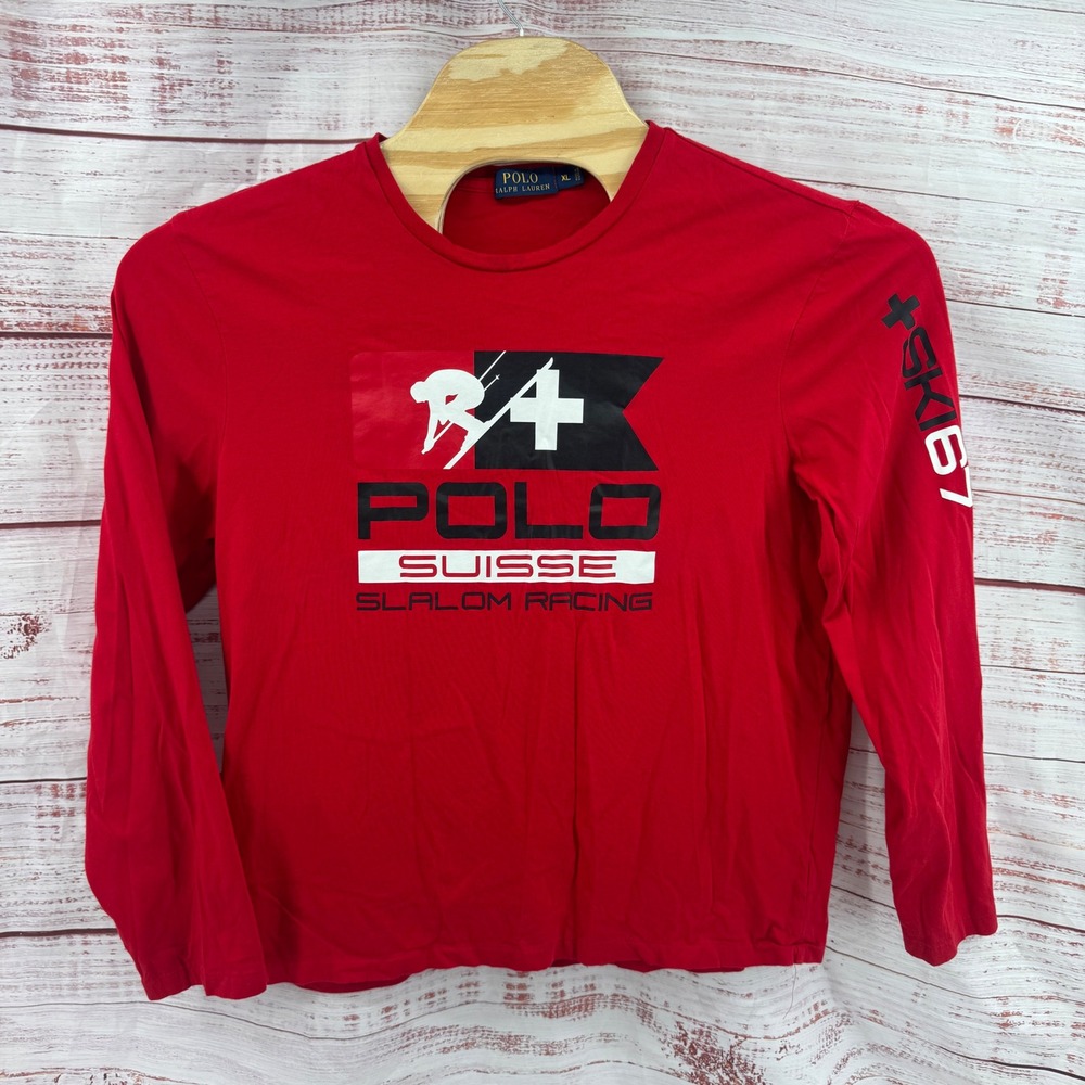 Polo Ralph‎ Lauren Shirt Mens XL Red Suisse Slalom Racing Ski 67 Long Sleeve
